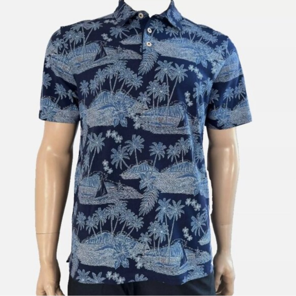 Tommy Bahama Blue and White Tropical Polo Shirt Size Large